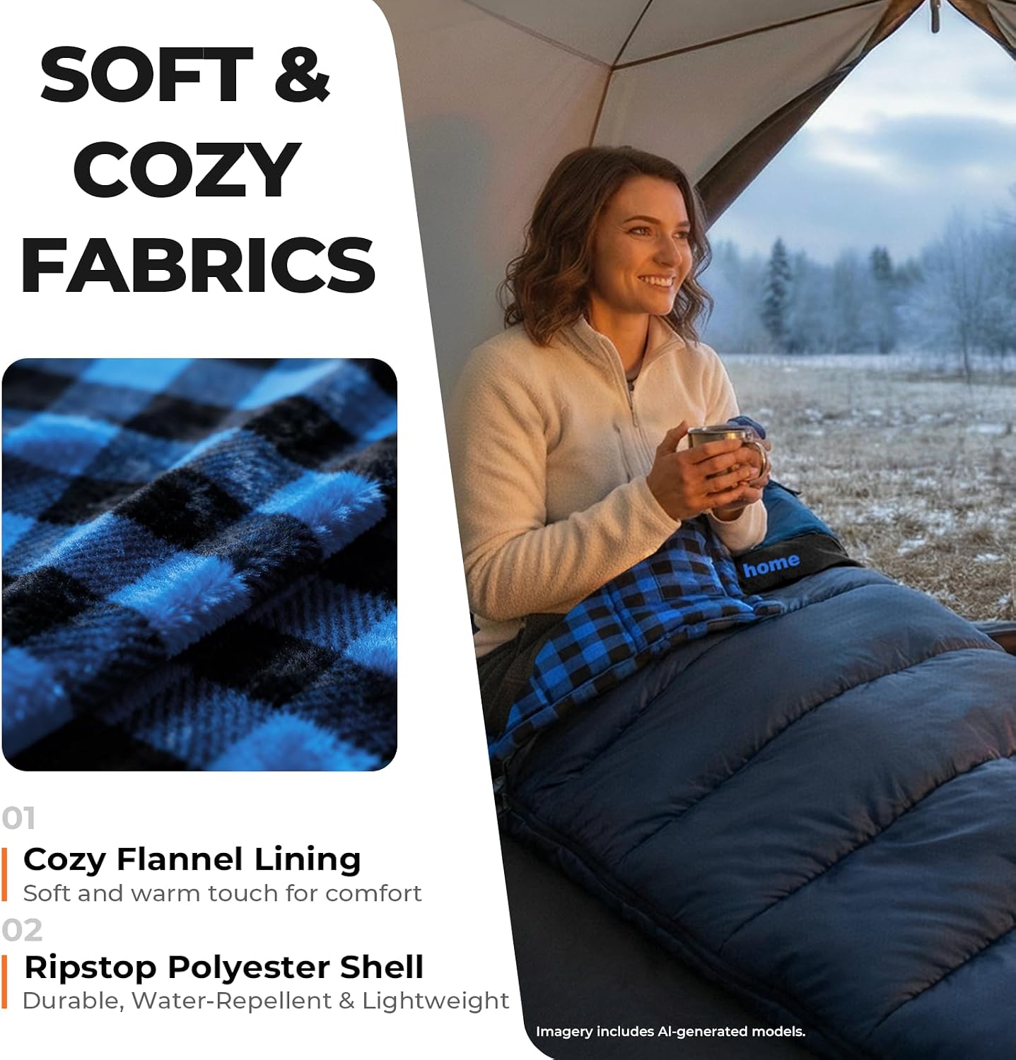 Cotton Flannel XXL Winter Sleeping Bags for Adults Big and Tall,Cold Weather 90x39 Inch Camping Sleep Bag,Waterproof Machine Washable 4 Season Outdoor Camping Gear,2-Way Zipper - Image 3